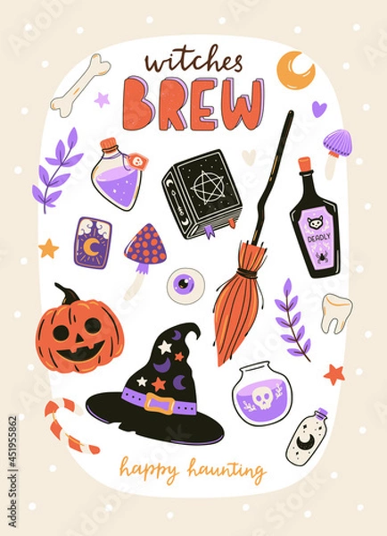 Obraz Cute Halloween print with cartoon elements and lettering. Hand drawn vector illustration.