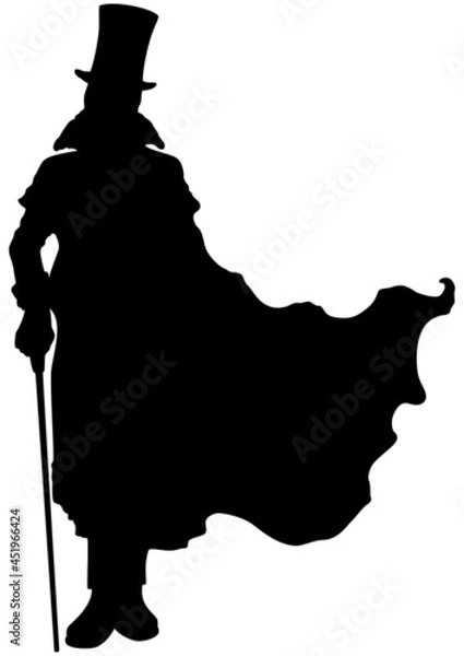 Fototapeta Victorian gentleman silhouette / Silhouette of a man wearing a cloak and a top hat