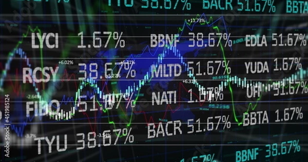 Fototapeta Stock market data and statistical data processing against world map