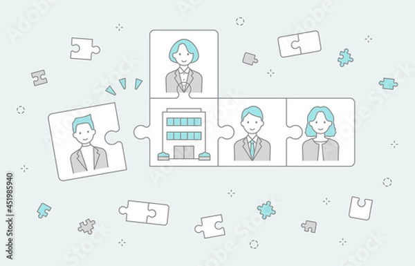 Obraz ビジネスマッチング成功のイメージ、ジグソーパズルが繋がり最適な人材がみつかる様子