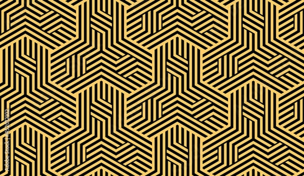Obraz Abstract geometric pattern with stripes, lines. Seamless vector background. Gold and black ornament. Simple lattice graphic design
