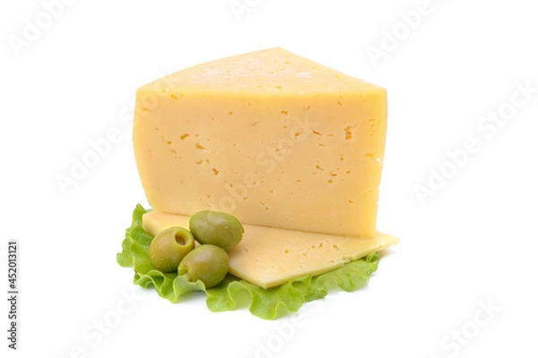 Fototapeta Solid yellow gouda cheese, close-up, isolated on a white background.selective focus.