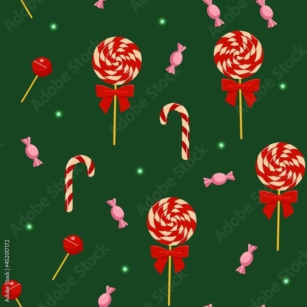 Obraz Seamless pattern with various candies. Christmas sweets. Cartoon style. Green background