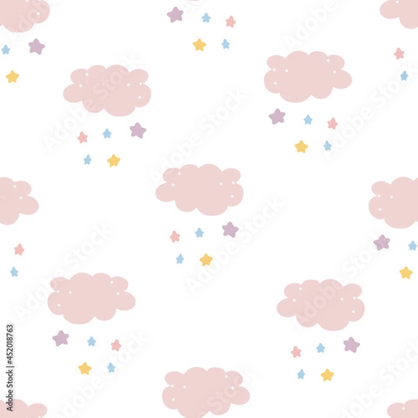 Fototapeta Cute Cloud Seamless Pattern Vector background cute lovely white cloud and stars Hand draw style