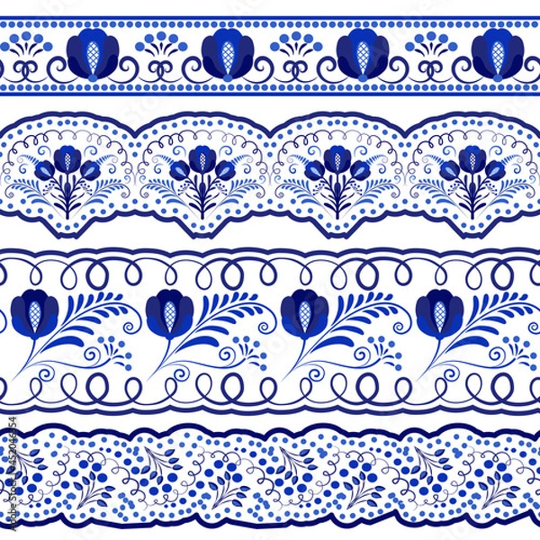 Fototapeta Collection of blue ornamental Seamless borders for the design in the style of ethnic porcelain painting. Floral Brushes with leaves and flowers isolated on white.