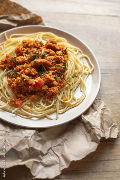 Obraz Slow cooked vegan Spaghetti Bolognese made from vegan soy meat