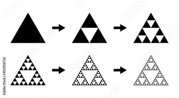 Fototapeta Evolution of the Sierpinski triangle. Steps constructing mathematical geometric endless fractal Sierpinski gasket. Pyramid with an infinite pattern isolated on white