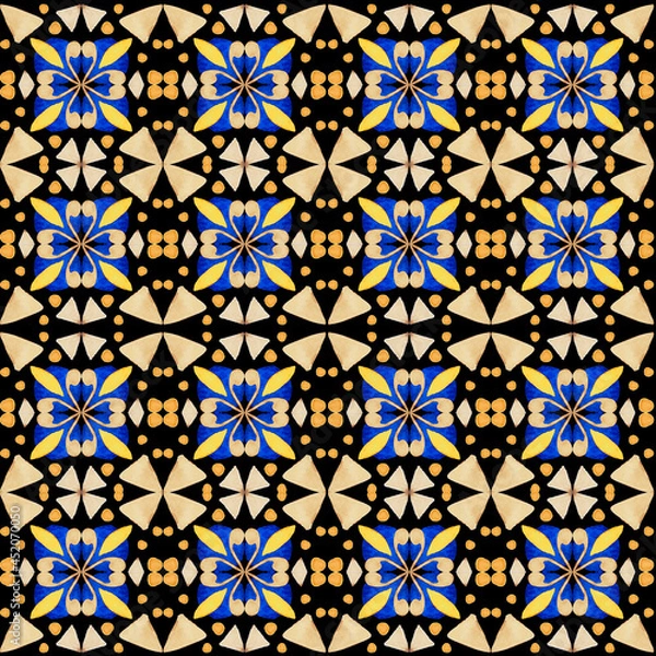 Fototapeta Azulejo watercolor seamless pattern. Traditional Portuguese ceramic tiles. Hand drawn abstract background. Watercolor artwork for textile, wallpaper, print, swimwear design. Black azulejo pattern.