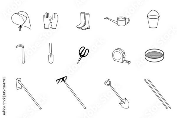 Obraz 園芸用品の線画セット。家庭菜園、農業。