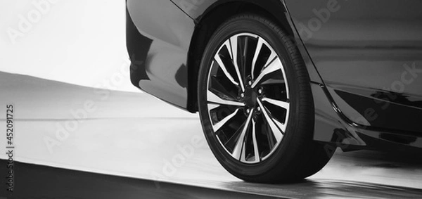 Fototapeta Car body Parts side view. Automotive car parts such as window wheel tire headlight side mirror side shots shooting from front and rear view in studio. for use in automobile industry. no driver. 