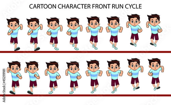Obraz Cartoon Character Front run cycle frame by frame loopable vector file ready for 2D animation, easy to edit source file for motion graphics, infographics, animated video, explanatory, E-learning