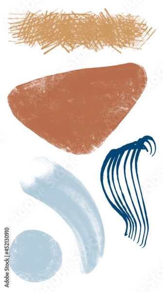 Fototapeta Group of textured spots and color paintbrush strokes. Abstract blue blot with lo-fi grain. Spray paint splatter. Brown grainy texture. Abstract isolated cloud for banner, poster. Set of painted dabs.