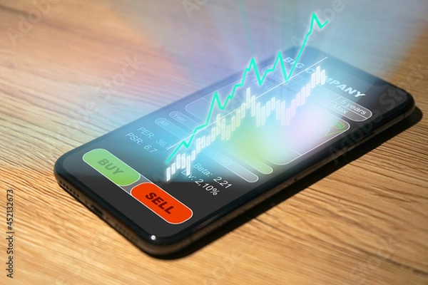 Obraz Fictional Neo-Broker App on a smartphone, more charts and analysis on displays in the background, Broker, Trading, Investing, Exchange Trading, Stock Trading, Neobroker, 2021