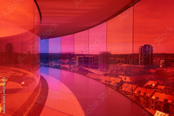 Fototapeta Red City views across Denmark. Minimal Ultramodern Interior, Smart Urban Architecture, Colour Psychology, Functional Design. Business Center, Inspiring Office Space, Event Venue, Art Museum, 