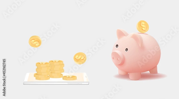 Obraz 3d piggy bank with pile of coins on smartphone.