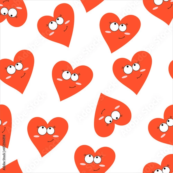 Fototapeta Hand drawn cute red hearts with funny faces. Vector seamless pattern hearts with faces emotions. Colorful characters. Hand drawn trendy Vector illustration for kids. Happy Valentine's day.