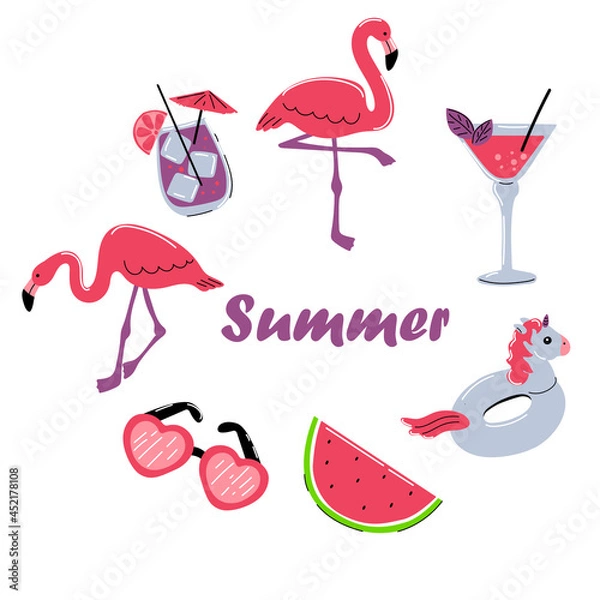 Fototapeta summer flamingo, leaves, cocktail, unicorn on a white background. summer collection of design elements. A set of birds, fruit, watermelon, sunglasses and drinks. Flat cartoon stock vector illustration