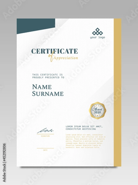 Fototapeta Certificate template awards diploma background vector modern design simple elegant and luxurious elegant. layout vertical in A4 size with gold blue colour