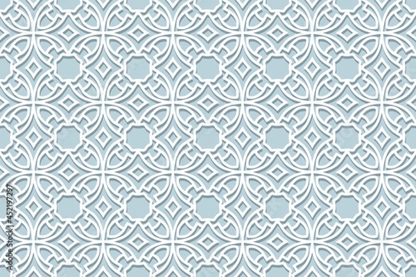 Fototapeta Geometric volumetric convex ethnic white 3D pattern. Embossed blue background in oriental, indonesian, asian styles. Elegant arabesque, lace texture, paper cut ornament.