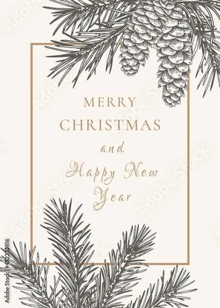 Fototapeta New year invitation with fir and pine branches and cones.  Black background and golden greeting.