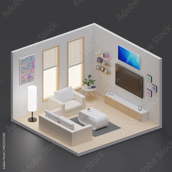Fototapeta Isometric living room open inside interior architecture 3d rendering
