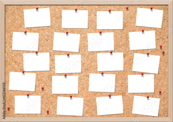 Fototapeta コルクボードにピン留めされて並べた写真　メモ　フレーム