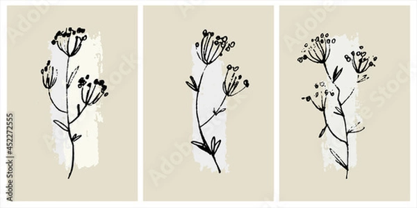 Fototapeta Home decor printable line art. Set of hand drawn vector brush-like paintings of flowers on backgrounds with brushstroke textures. Contemporary design for prints, posters, cards, textile