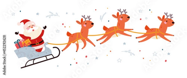 Fototapeta Winter Merry Christmas holiday illustration with funny Santa Claus character and his reindeer sleigh fly isolated. Vector flat cartoon illustration. For card, banner, flayer, invitation, poster.
