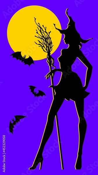 Fototapeta Vector rectangle halloween  stories wallpaper. Black silhouette of pretty slim young witch with hat and broom, flying bats, round yellow moon on violet background.