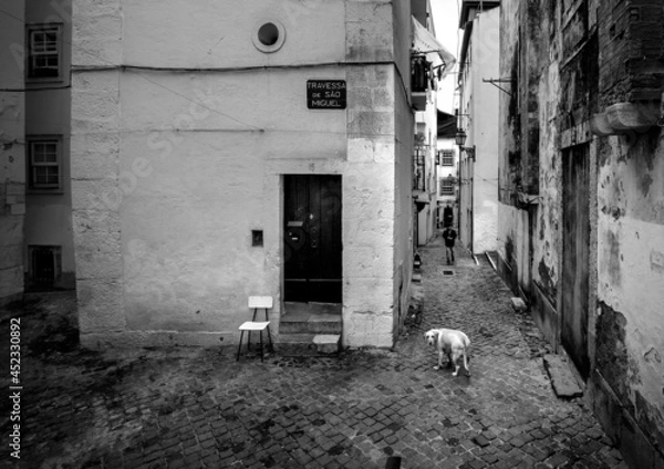 Fototapeta Streets of the old district of Alfama in the center of Lisbon. Portugal. Black and white