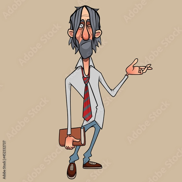 Fototapeta cartoon casually dressed man in a shirt with a tie in disbelief points his hand to the side