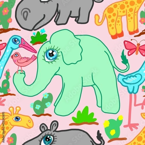 Fototapeta abstract seamless pattern background fabric design print wrapping paper digital illustration texture wallpaper with elephants