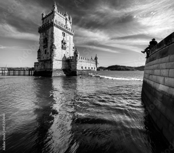 Fototapeta View of the Belem tower. District of Belem. River Tagus. Districts of Lisbon. Portugal. View of the Belem tower. District of Belem. River Tagus. Districts of Lisbon. Portugal. Black and white