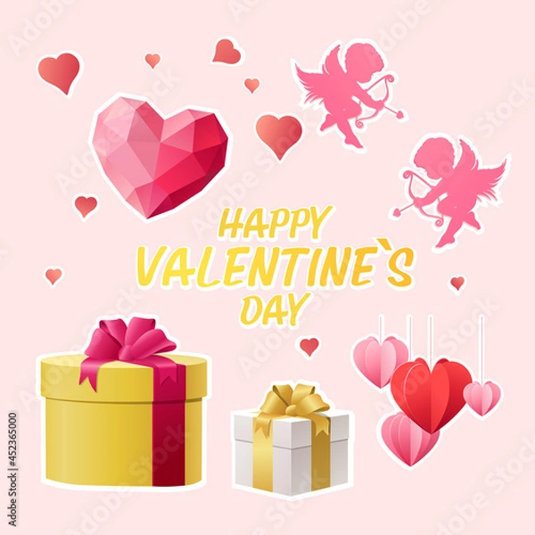 Fototapeta Valentines Day Stickers. Beautiful hearts, gifts, cupids and inscription with white frame. Design elements for greeting cards, and covers. Cartoon flat vector collection isolated on pink background