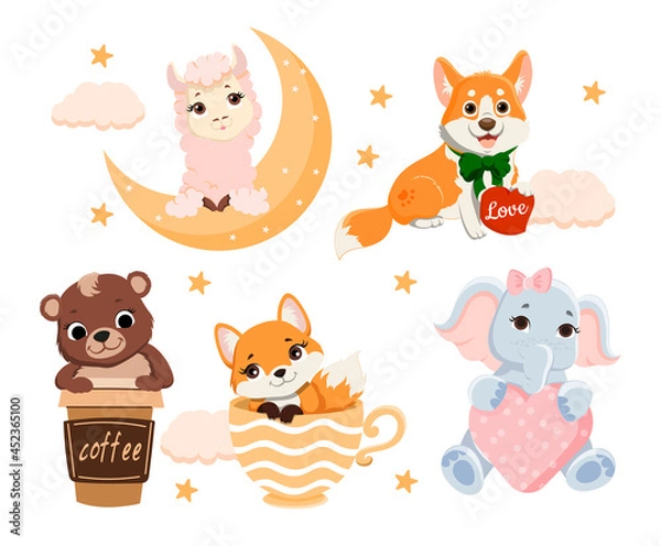 Fototapeta Set of Cute Cartoon Animals. Stickers with fox, bear, dog, sheep and elephant. Colorful characters with heart moon and cups. Cartoon flat vector icon collection isolated on a white background