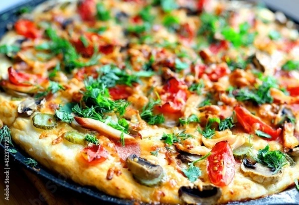 Fototapeta pizza made from champignons, tomatoes, ham, sausages, sprinkled with parsley and homemade dill. Man cuts pizza with a special knife