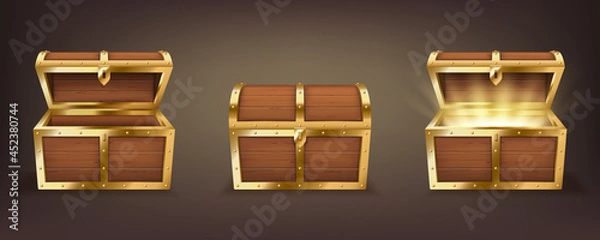 Obraz Set of wooden chests with open and closed lid, full of shining golden coins and empty realistic