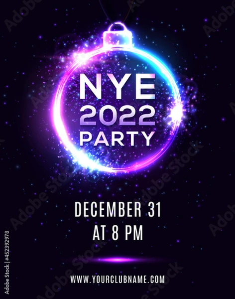 Fototapeta New Year Eve 2022 party poster on dark blue background. NYE beautiful holiday banner, hanging Xmas ball shape electric circle frame. Disco night flyer invitation design template vector illustration.
