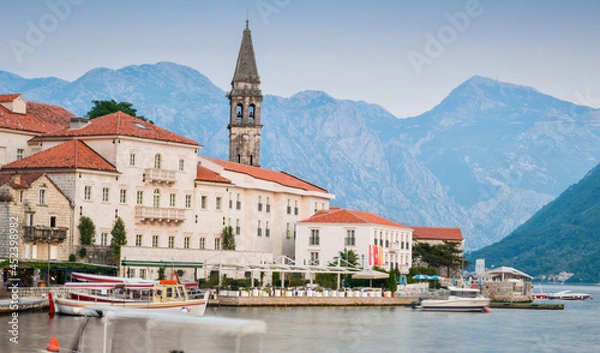 Fototapeta Perast and St. Nicholas Church at dusk ,Kotor Bay,Montenegro.