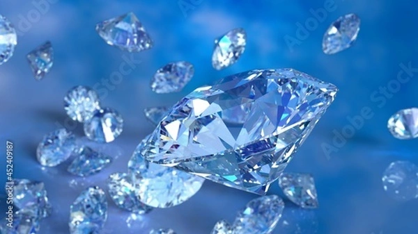Fototapeta Shiny Diamonds falling on blue sky  lighting. 3D illustration. 3D CG. 3D high quality rendering.