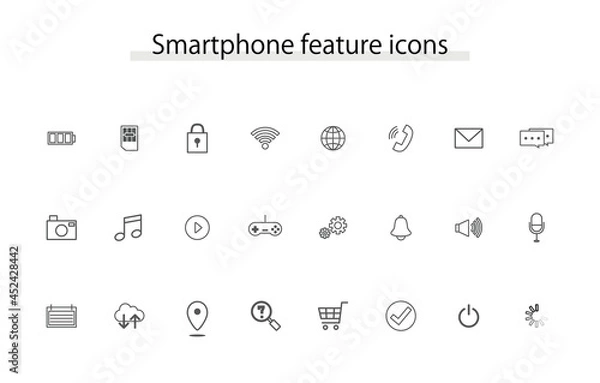 Fototapeta スマートフォンの機能イメージメージアイコンセット　モノクロ　正面