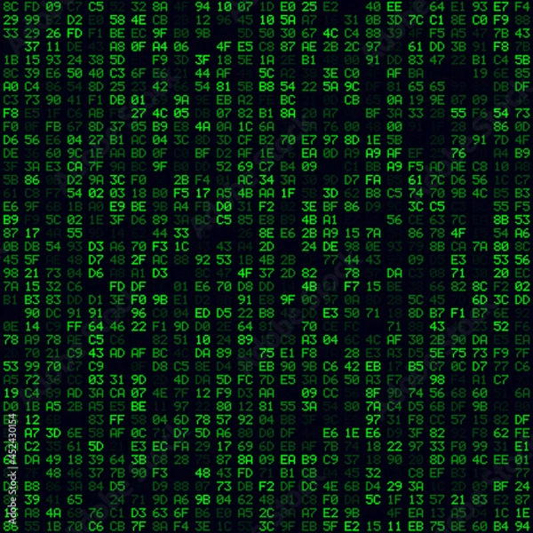 Obraz Technology background. Green filled hexadecimal pairs background. Medium sized seamless pattern. Elegant vector illustration.