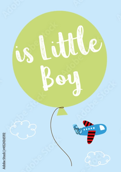 Obraz is a little boy new born baby annoucement card with balloon and airplane cartoon vector