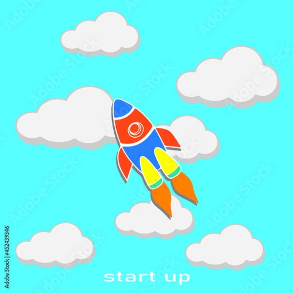 Fototapeta rocket,technology,launch,project,spaceship,start,success,business,cartoon,illustration,fire,flame,idea,laptop,ship,smoke,up,new,space,beginnings,career,ceremony,competition,creativity,crowd,developmen