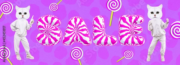 Obraz Stylish minimal collage banner scene. Funny Cats character in sweet lolly pop space.  Candy shop promotion concept. Text Sale