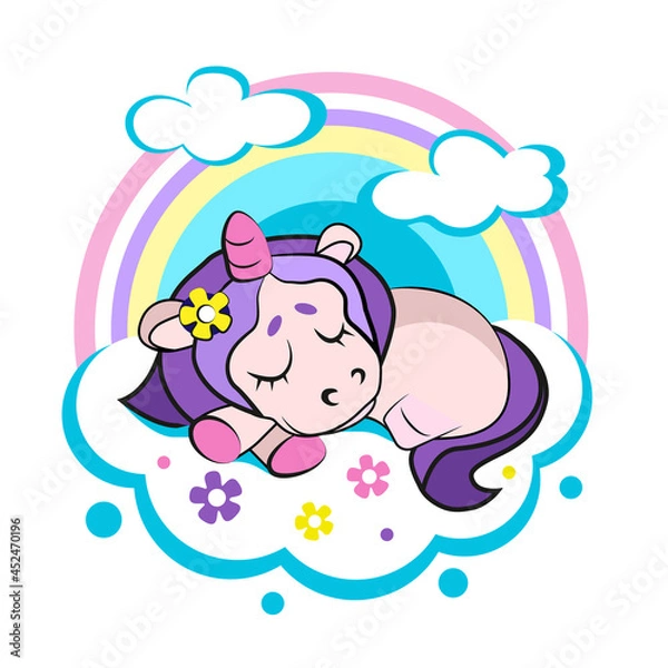 Fototapeta little unicorn sleeps on a cloud, baby pony rest, a cloud with a rainbow in flowers, a fabulous animal flies on a cloud, blank for the design of invitations, advertising