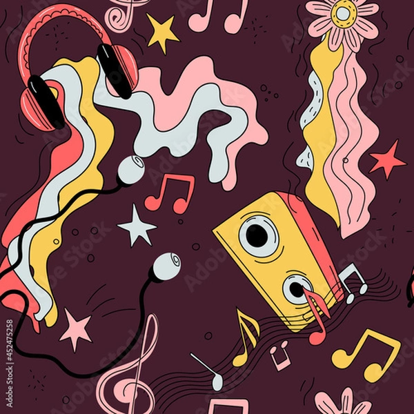 Fototapeta doodle vector seamless pattern. Hippie music cartoon illustrations. Disco party. Retro, vintage backdrop.