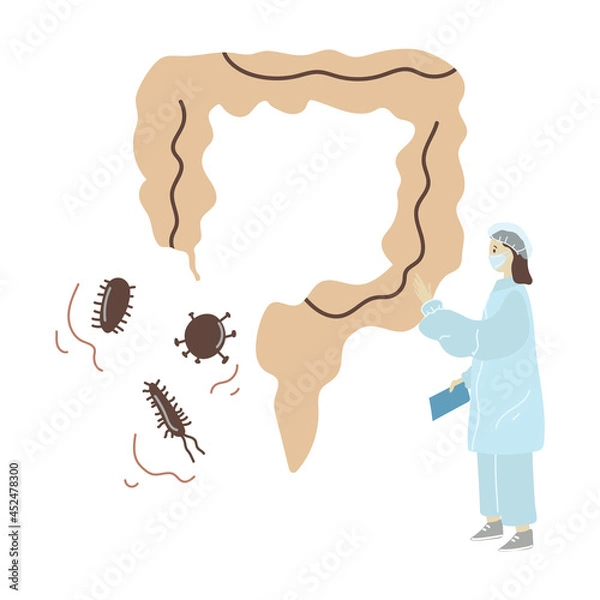 Fototapeta Healthcare therapy of human intestine. doctor treat and analysis alimentary canal. Cartoon hand drawn character design.