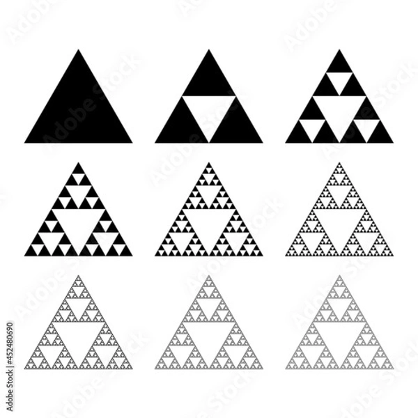 Fototapeta Evolution of the Sierpinski triangle. Steps constructing mathematical geometric endless fractal Sierpinski gasket. Pyramid with an infinite pattern isolated on white