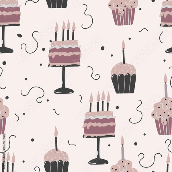 Fototapeta Birthday cream cakes, garlands flat vector seamless pattern. Hand drawn background for a party, holiday